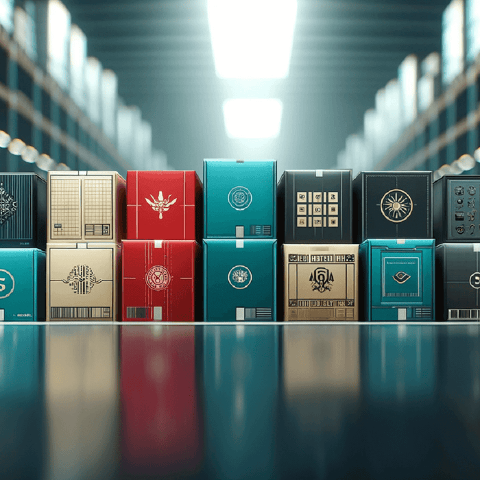 Viele bunte, personalisierte Versandpackte auf dem Boden einer Lagerhalle stehend.