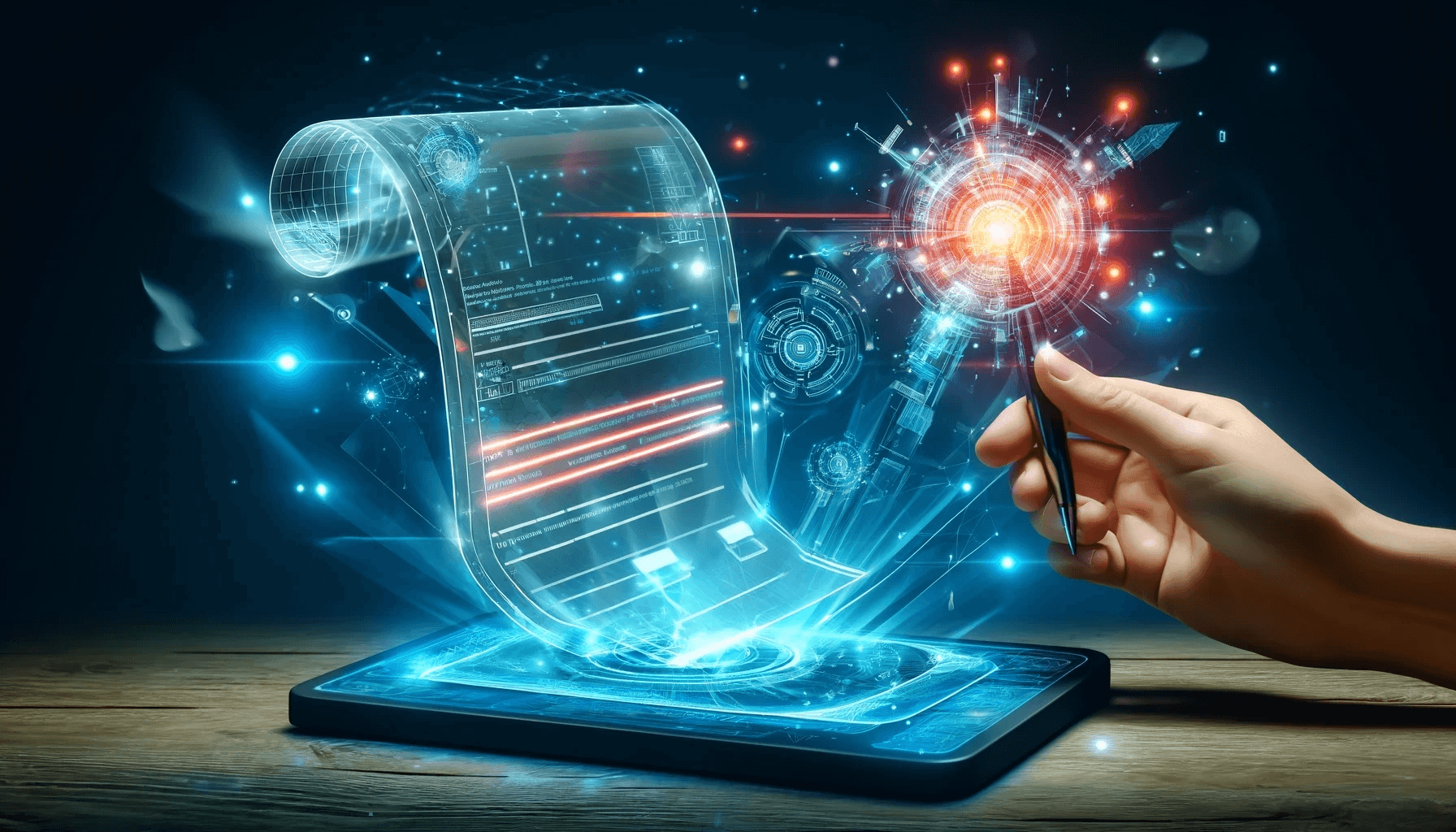 E-Rechnungspflicht: Hand hält Stift über Tablet, aus dem eine virtuelle Rechnung erscheint