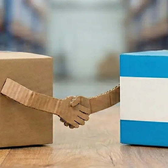 Händlerbund Maxibriefkarton schüttelt einem Karton im Design eines Hermes Päckchen die Hand.