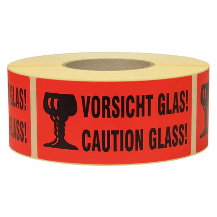 Warn- und Hinweisetiketten, 145x70mm, aus Papier, rot, mit Aufdruck 2-sprachig Glas