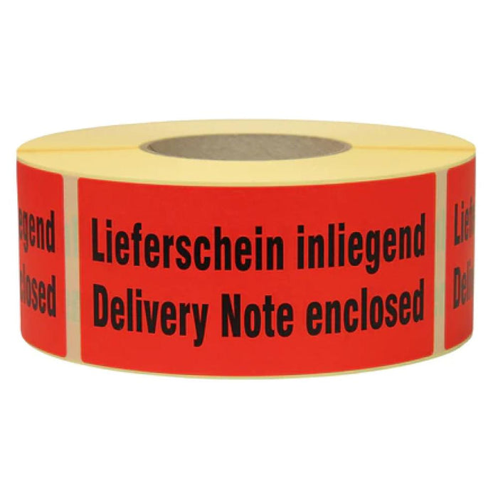 Warn- und Hinweisetiketten, 145x70mm, aus Papier, rot, mit Aufdruck 2-sprachig Lieferschein