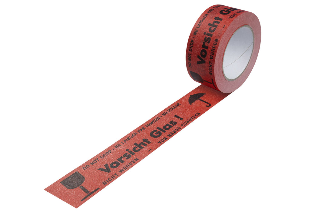 Papier-Warn-Packband, rot, 50mm breitx50lfm, 135µ, mit Druck Vorsicht Glas