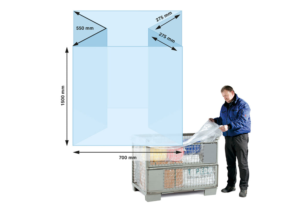 LDPE-Seitenfaltensack, 700+550x1500mm (B+SFxL), 60µ,, Inlett für Kiste, Karton