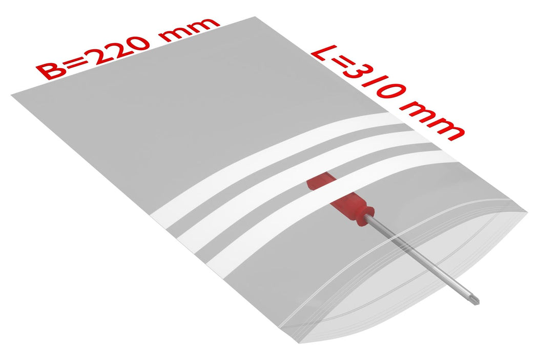 PE-Druckverschlussbeutel, 220x310mm, 50µ,transparent Beschriftungsfeld