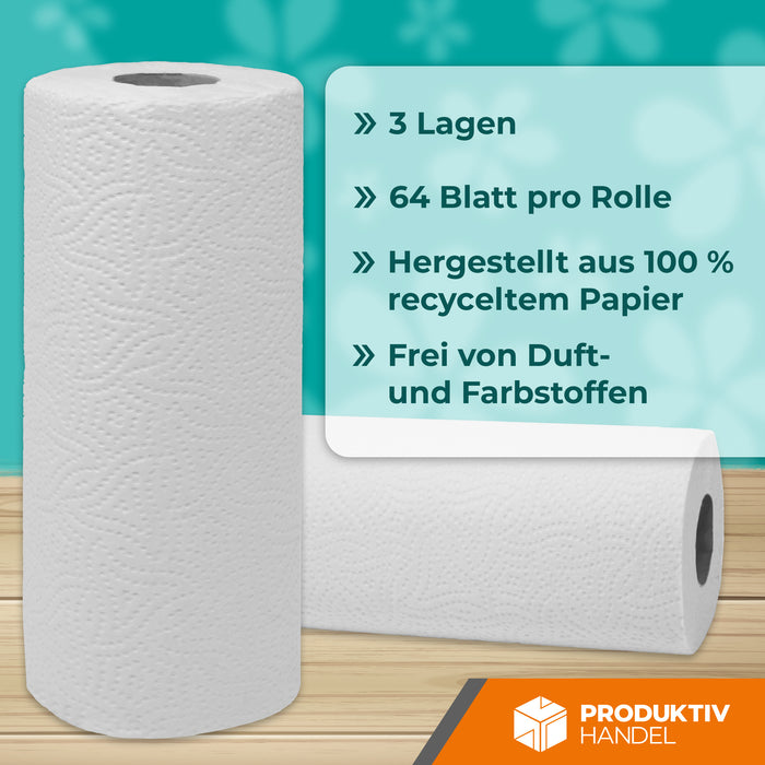 Küchenrolle 3-lagig 64 Blatt aus recyceltem Papier 32 Rollen