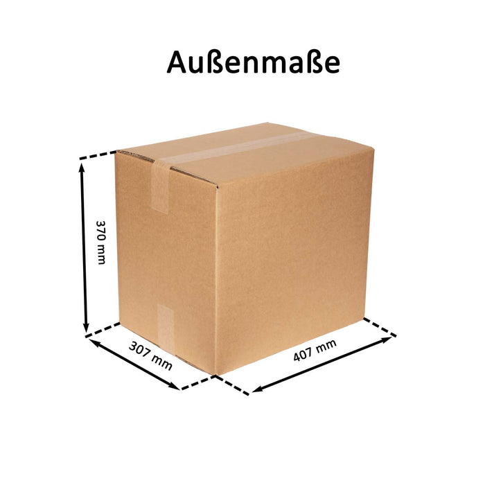 Geschlossener Faltkarton mit Außenmaßangaben 40,7x30,7x37cm.