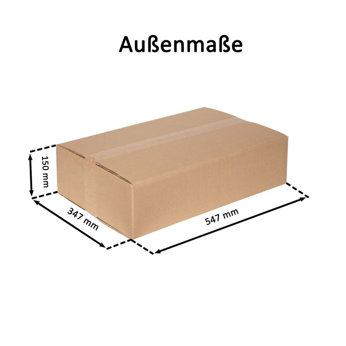 Geschlossener Faltkarton mit Außenmaßangaben 54,7x34,7x15 cm.