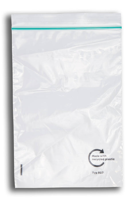 Recycling Druckverschlussbeutel - Format: 100x150 mm, transparent, mit Recyclingkreislauf