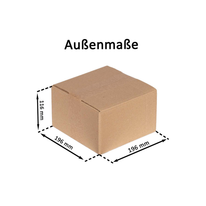 Geschlossener Faltkarton mit Außenmaßangaben 19,6x19,6x11,6 cm.