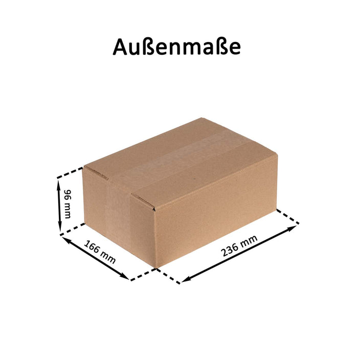 Geschlossener Faltkarton mit Außenmaßangaben 23,6x16,6x9,6 cm.