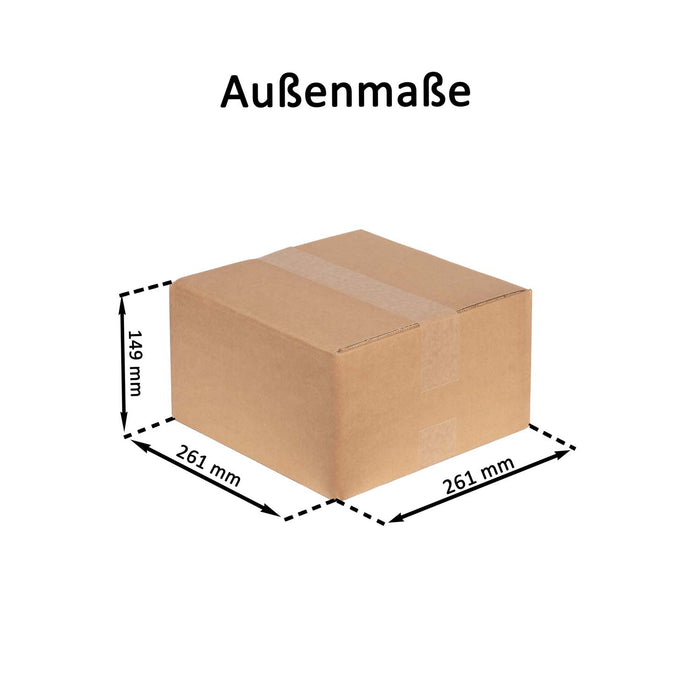 Geschlossener Faltkarton mit Außenmaßangaben 26,1x26,1x14,9 cm.