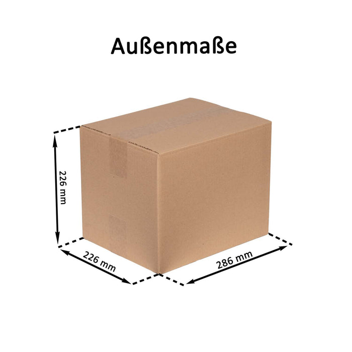 Geschlossener Faltkarton mit Außenmaßangaben 28,6x22,6x22,6cm.