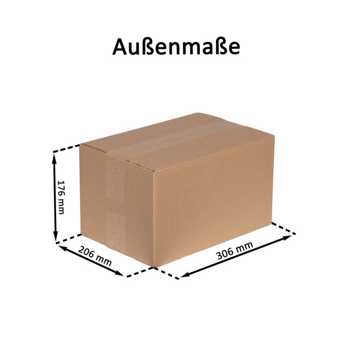 Geschlossener Faltkarton mit Außenmaßangaben 30,6x20,6x17,6 cm.