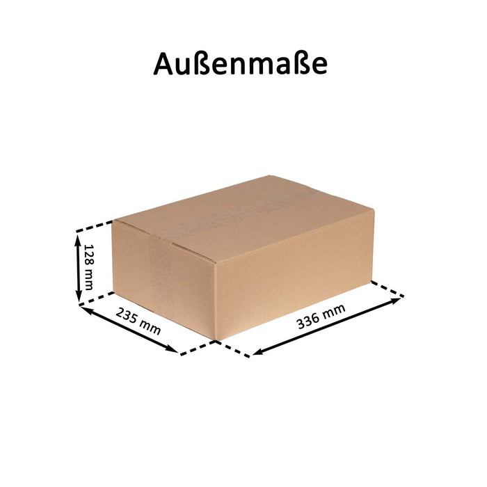 Geschlossener Faltkarton mit Außenmaßangaben 33,6x23,5x12,8 cm.