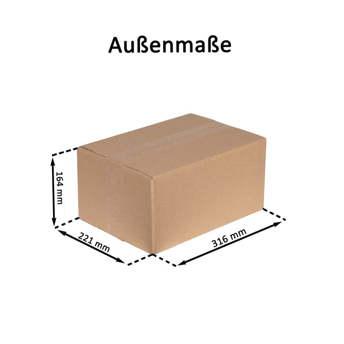 Geschlossener Faltkarton mit Außenmaßangaben 31,6x22,1x16,4 cm.