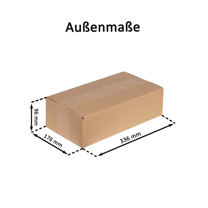 Geschlossener Faltkarton mit Außenmaßangaben 33,6x17,6x9,6cm.