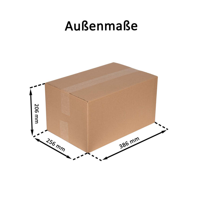 Geschlossener Faltkarton mit Außenmaßangaben 38,6x25,6x20,6cm.