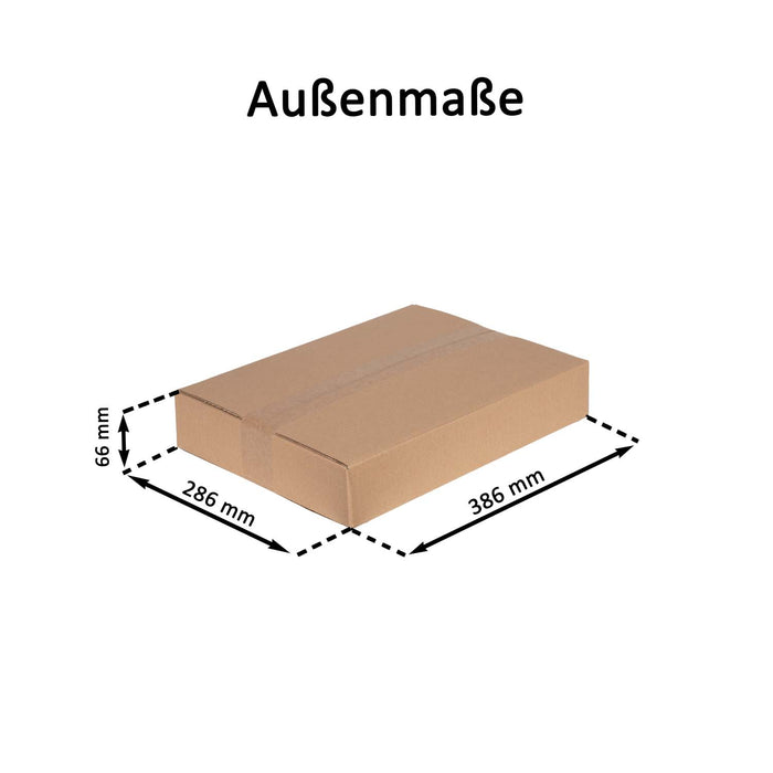 Geschlossener Faltkarton mit Außenmaßangaben 38,6x28,6x6,6cm.