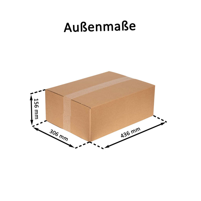 Geschlossener Faltkarton mit Außenmaßangaben 43,6x30,6x15,6cm.