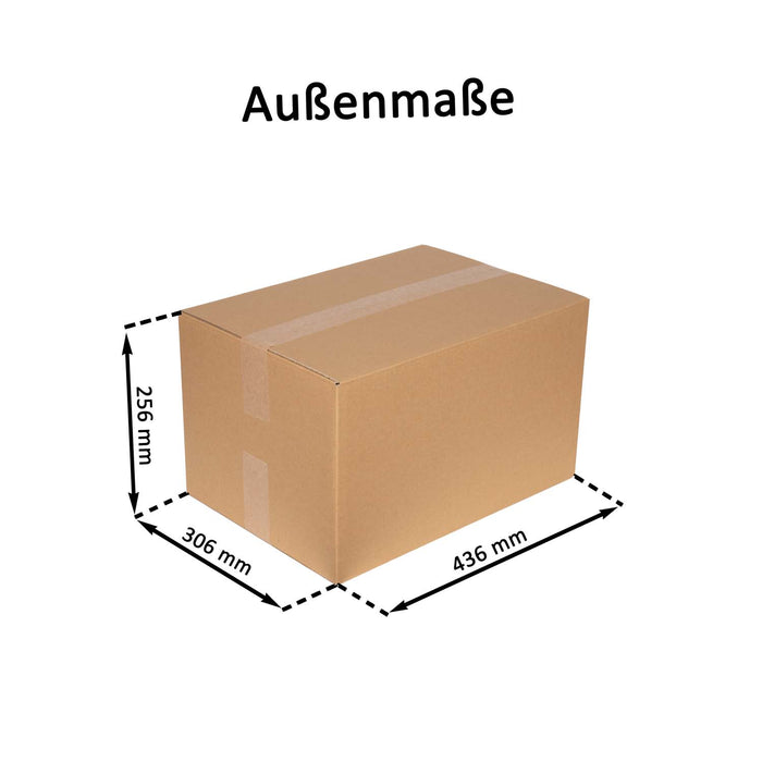 Geschlossener Faltkarton mit Außenmaßangaben 43,6x30,6x25,6cm.