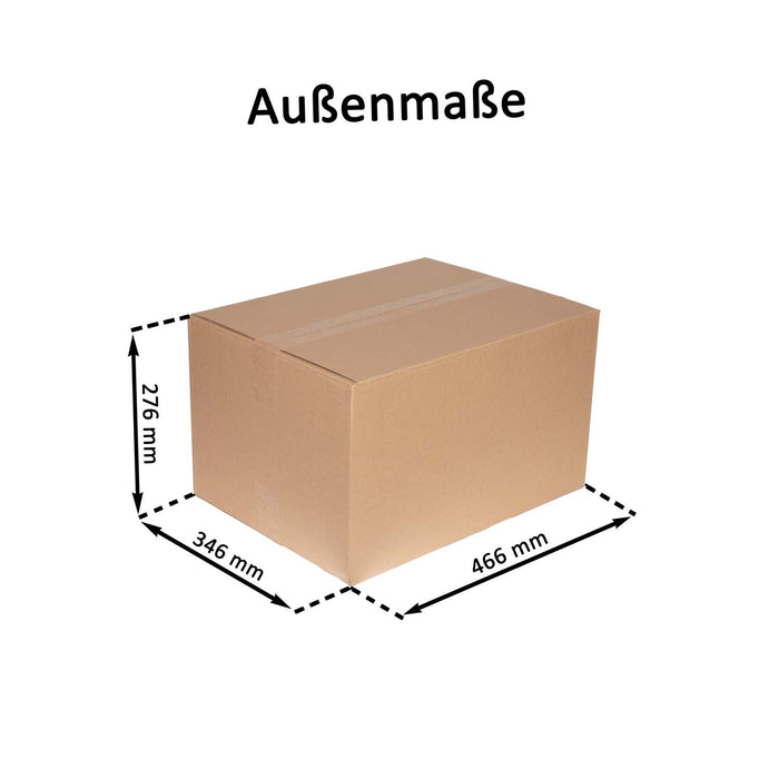 Geschlossener Faltkarton mit Außenmaßangaben 46,6x34,6x27,6cm.