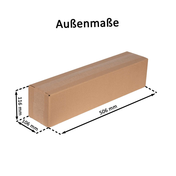 Geschlossener Faltkarton mit Außenmaßangaben 50,6x10,6x11,6cm.