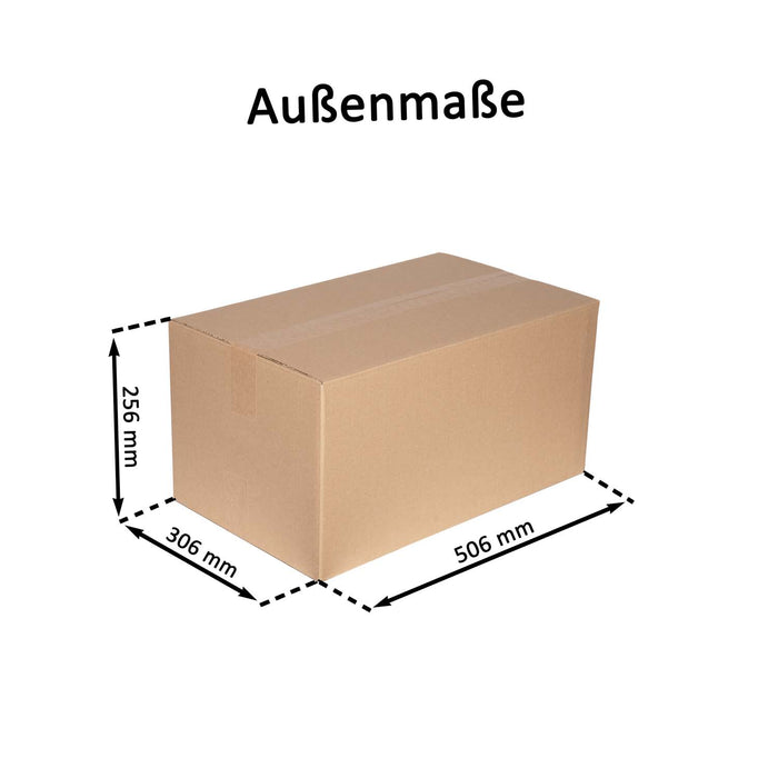 Geschlossener Faltkarton mit Außenmaßangaben 50,6x30,6x25,6cm.