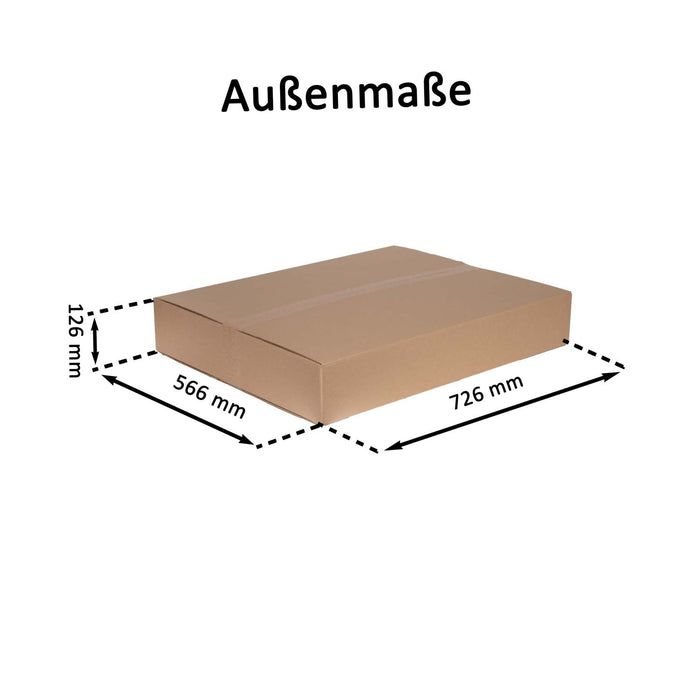 Geschlossener Faltkarton mit Außenmaßangaben 72,6x56,6x12,6cm.