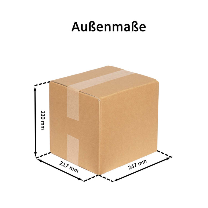 Geschlossener Faltkarton mit Außenmaßangaben 24,7x21,7x23cm.