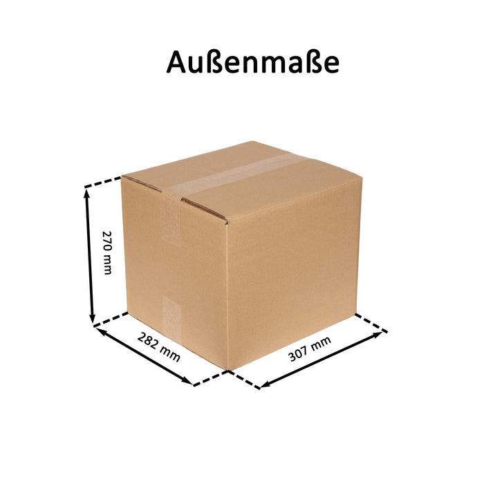 Geschlossener Faltkarton mit Außenmaßangaben 30,7x28,2x27cm.