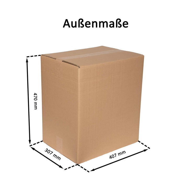 Geschlossener Faltkarton mit Außenmaßangaben 40,7x30,7x47cm.