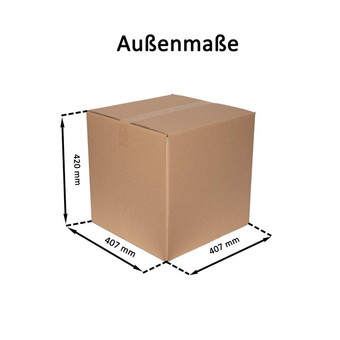 Geschlossener Faltkarton mit Außenmaßangaben 40,7x40,7x42cm.