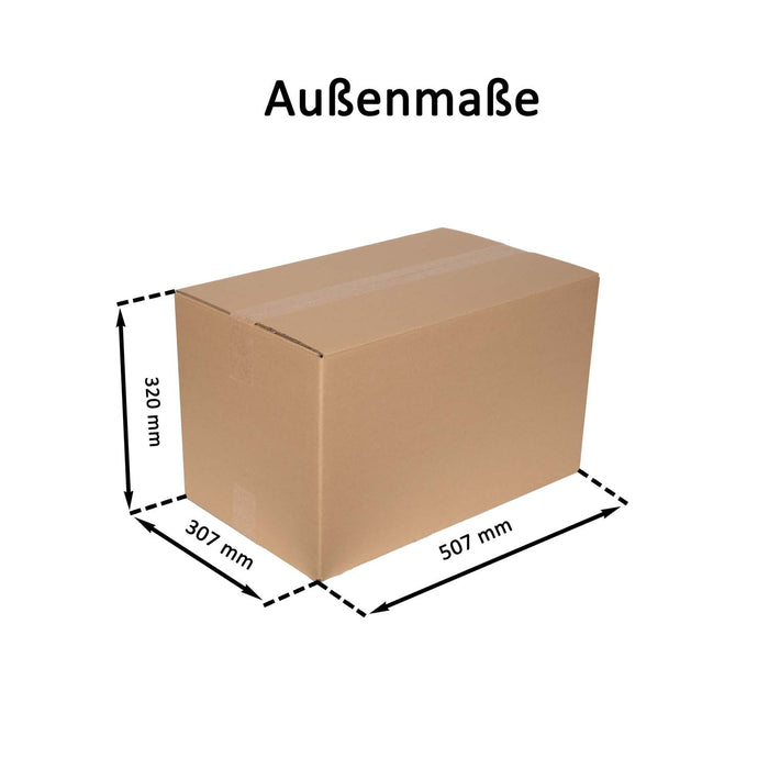 Geschlossener Faltkarton mit Außenmaßangaben 50,7x30,7x32cm.