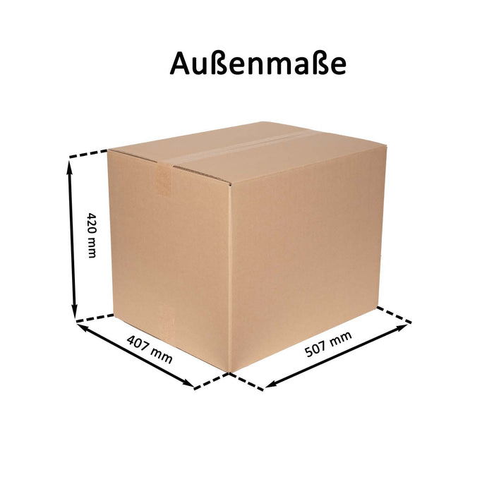 Geschlossener Faltkarton mit Außenmaßangaben 50,7x40,7x42cm.