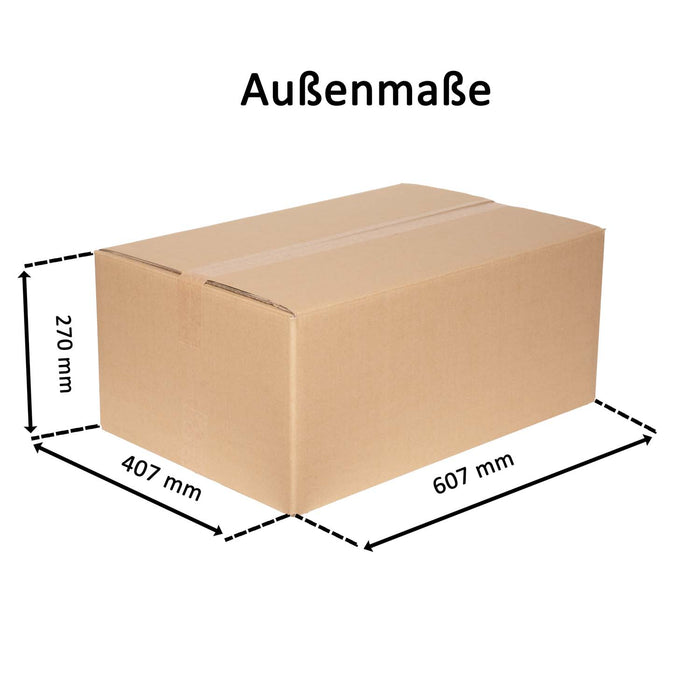 Geschlossener Faltkarton mit Außenmaßangaben 60,7x40,7x27cm.