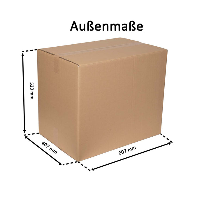 Geschlossener Faltkarton mit Außenmaßangaben 80,7x60,7x42cm.