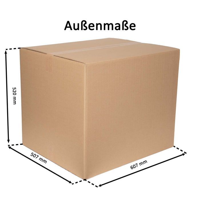 Geschlossener Faltkarton mit Außenmaßangaben 80,7x60,7x42cm.