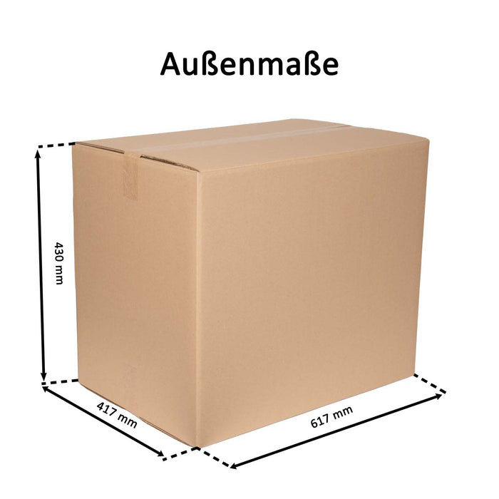 Geschlossener Faltkarton mit Außenmaßangaben 61,7x41,7x43cm.