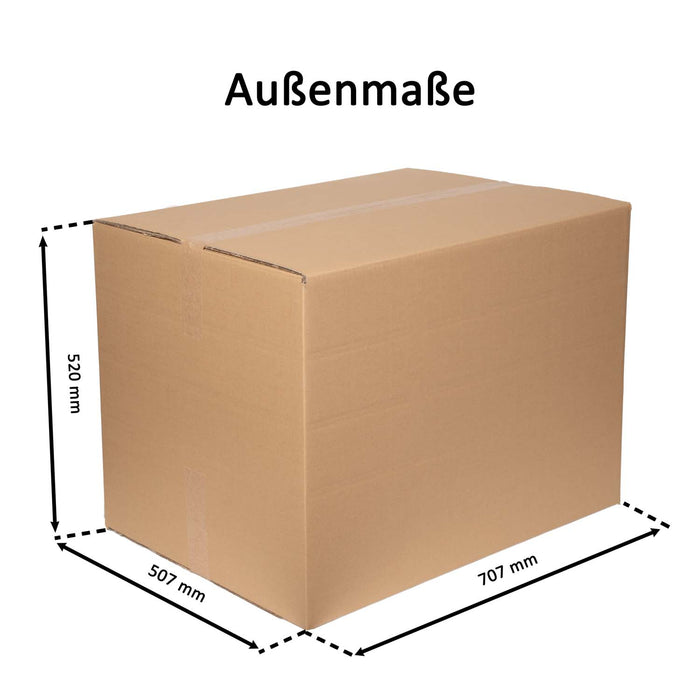 Geschlossener Faltkarton mit Außenmaßangaben 70,7x50,7x52cm.