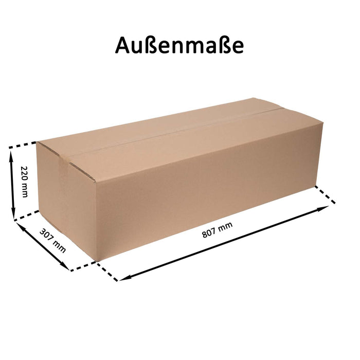 Geschlossener Faltkarton mit Außenmaßangaben 80,7x30,7x22cm.