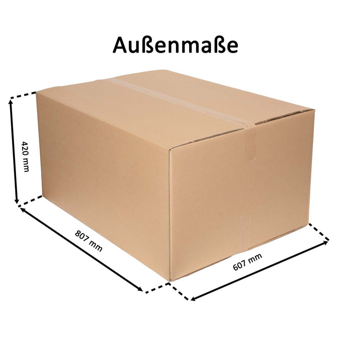 Geschlossener Faltkarton mit Außenmaßangaben 80,7x60,7x42cm.