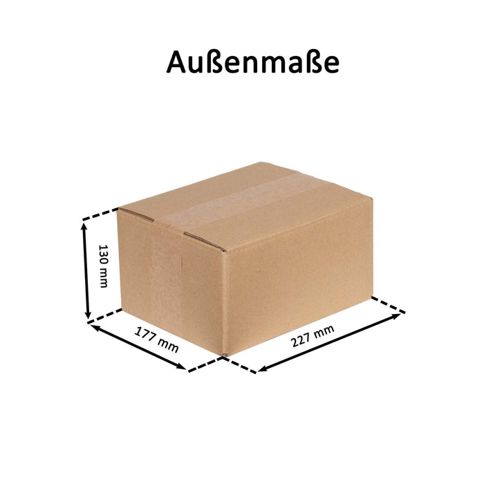 Geschlossener Faltkarton mit Außenmaßangaben 22,7x17,7x13cm.